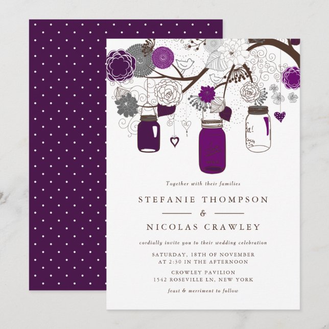 Invitation Mariage Mason Jars à pendaison violette (Devant / Derrière)