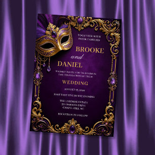 Invitation Mariage Masqué de Luxe Violet et Or