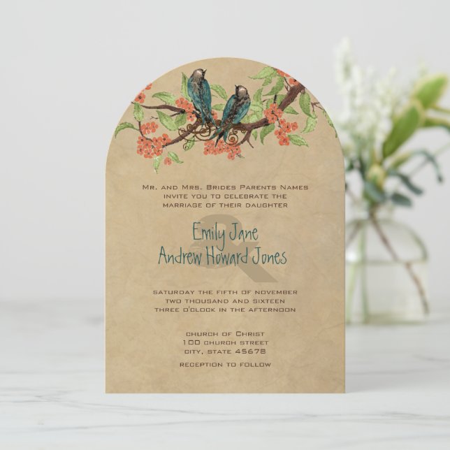 Invitation Mariage Médiéval Oiseaux de l'Amour Rustique Vinta (Debout devant)