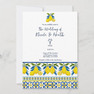 Invitation Mariage méditerranéen à l'aquarelle bleu jaune cit