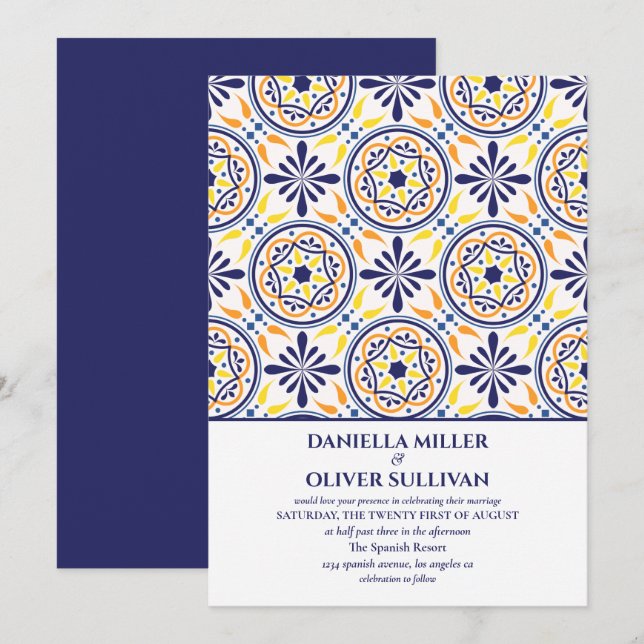Invitation Mariage méditerranéen en tuile jaune de la marine  (Devant / Derrière)