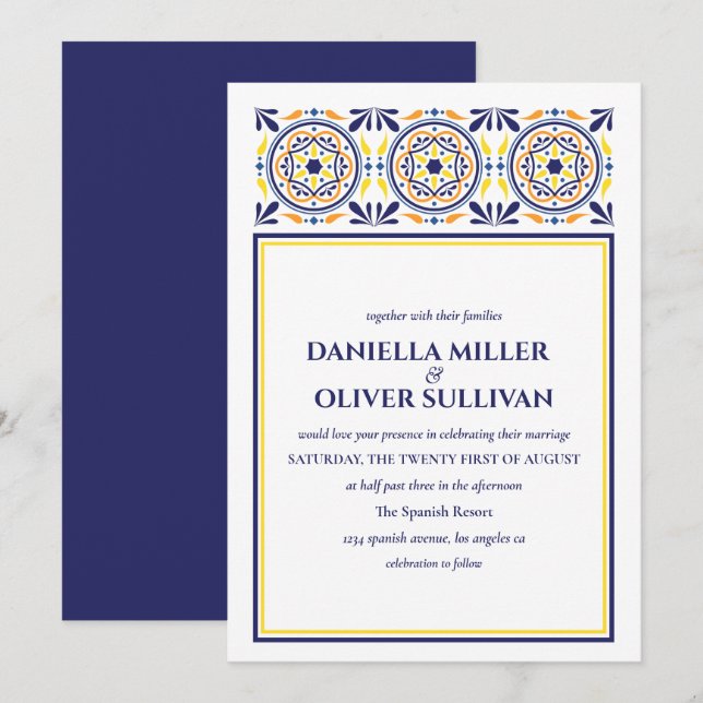Invitation Mariage méditerranéen en tuile jaune de la marine  (Devant / Derrière)