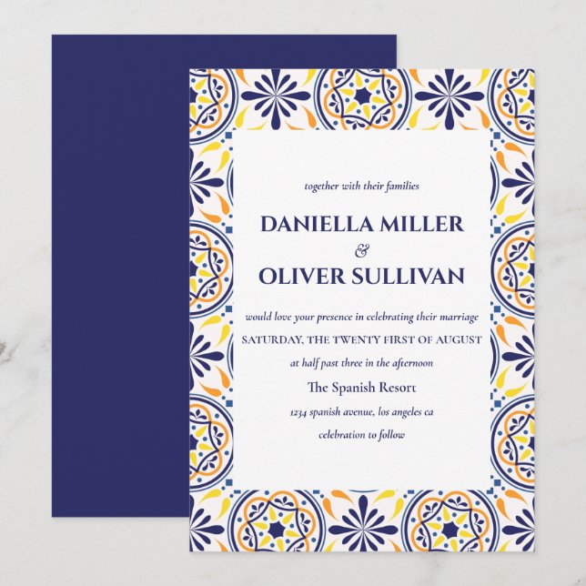 Invitation Mariage méditerranéen en tuile jaune de la marine  (Devant / Derrière)