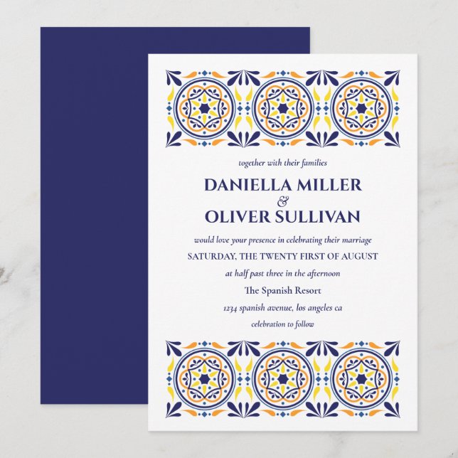 Invitation Mariage méditerranéen en tuile jaune de la marine  (Devant / Derrière)
