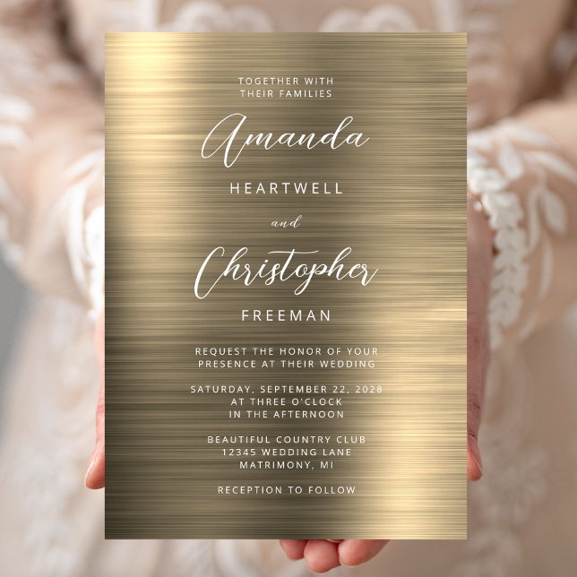 Invitation Mariage Métal Brossé Or Script (Créateur téléchargé)