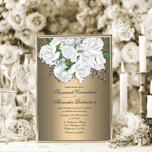 Invitation Mariage métal or et blanc Roses (Créateur téléchargé)