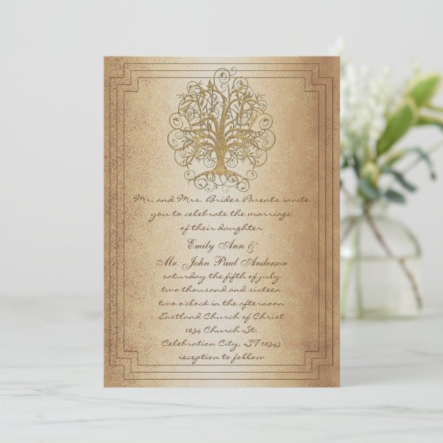 Invitation Mariage métallique Gold Swirl Tree (Debout devant)