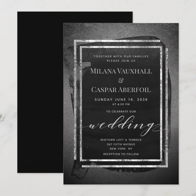 Invitation Mariage métallique noir et cadres en argent (Devant / Derrière)