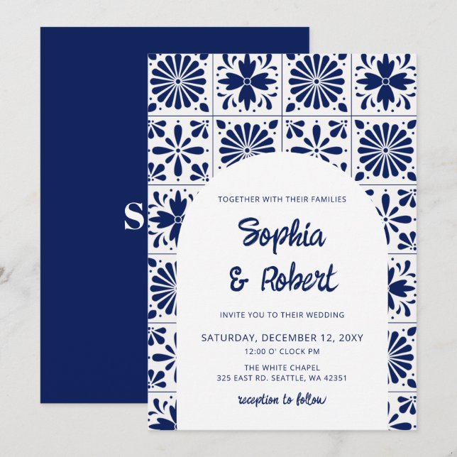Invitation Mariage mexicain en carreaux de Talavera bleu (Devant / Derrière)
