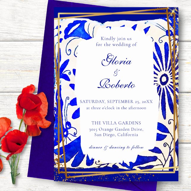 Invitation Mariage mexicain Talavera Bleu & Or (Créateur téléchargé)