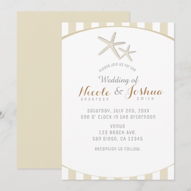 Invitation Mariage minimal à la plage de Starfish Tan Striped (Devant / Derrière)