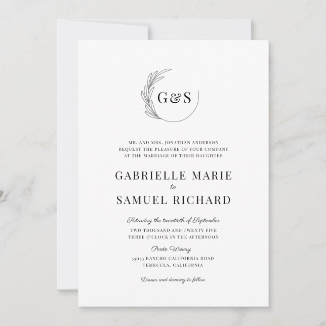 Invitation Mariage minimal de demi-couronne monogramme (Devant)