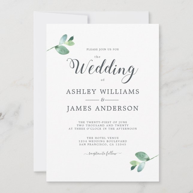 Invitation Mariage minimal de feuillage Eucalyptus à script c (Devant)
