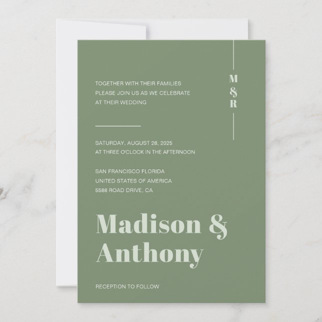Invitation Mariage minimal monogramme vert Sage (Devant)