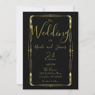 Invitation Mariage minimal Retro Vintage Black & Gold Déco