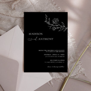Invitation Mariage minimaliste à l'aquarelle florale noire