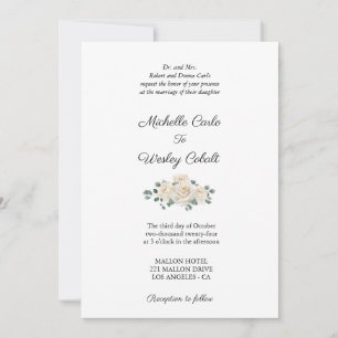 Invitation Mariage minimaliste aux roses blanches et vertes