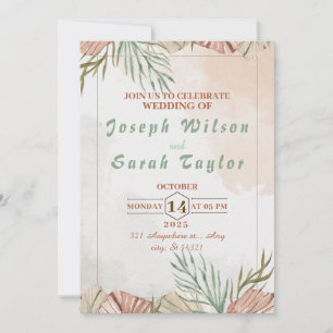 Invitation Mariage minimaliste avec aquarelle rose vert