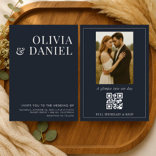 Invitation Mariage minimaliste avec code QR photo bleu marine