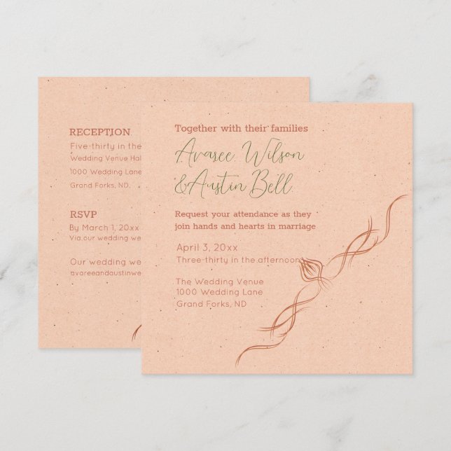 Invitation Mariage minimaliste blanc et pêche (Devant / Derrière)