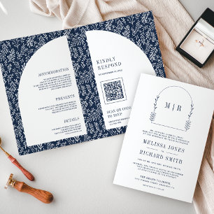 Invitation Mariage minimaliste bleu marine à motif de feuille