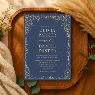 Invitation Mariage Minimaliste Bleu Nuit Or Élégant