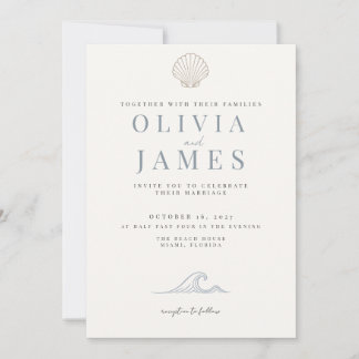 Invitation Mariage Minimaliste Coquillage Bleu Poussiéreux su
