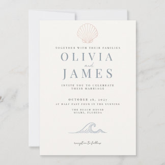 Invitation Mariage Minimaliste Coquillage Marin Bleu Poussiér