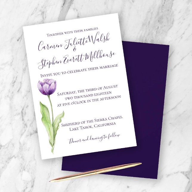Invitation Mariage Minimaliste Deep Purple Tulipe Unique (Créateur téléchargé)