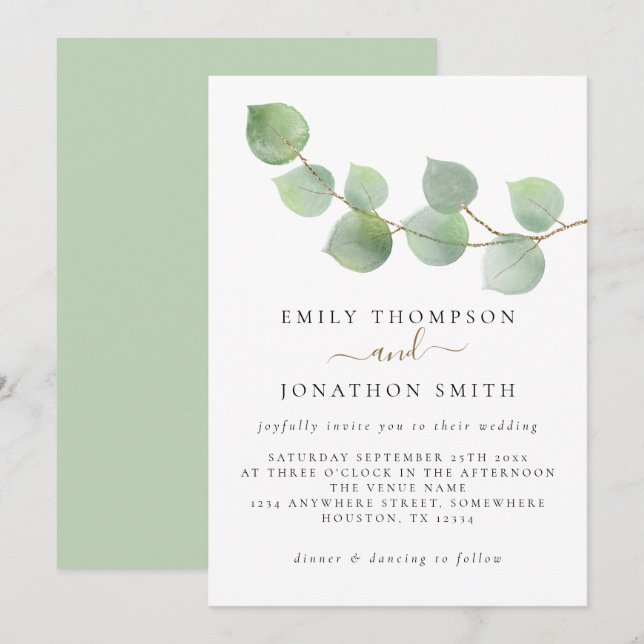 Invitation Mariage minimaliste d'Eucalyptus vert (Devant / Derrière)