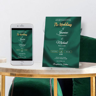 Invitation Mariage minimaliste émeraude et feuille d'or