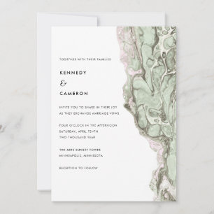 Invitation Mariage minimaliste en marbre vert Sage et rose pâ