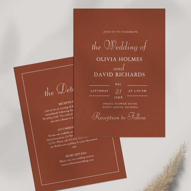 Invitation Mariage minimaliste en terre cuite moderne (Modern Minimalist Terracotta Wedding Invitation on white background with dry wildflower.)