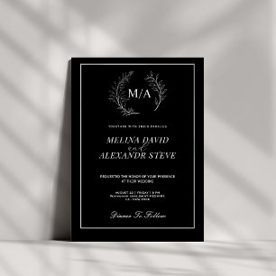 Invitation Mariage minimaliste feuille monogramme noir et bla