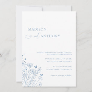 Invitation Mariage Minimaliste Fleur Sauvage Bleu Poussiéreux