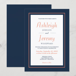 Invitation Mariage minimaliste moderne bleu marine et corail