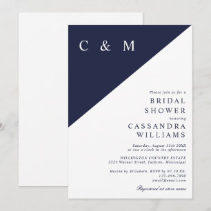 Invitation Mariage Minimaliste Moderne Bleu Marine Monogramme