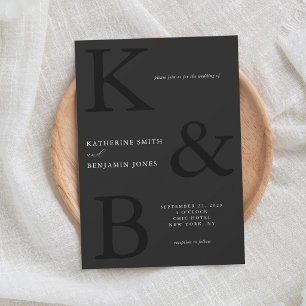 Invitation Mariage Minimaliste Monogramme Noir Mat