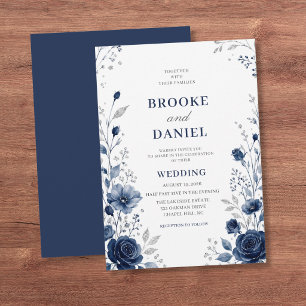 Invitation Mariage Minimaliste Navy Fleur Sauvage Paillettes