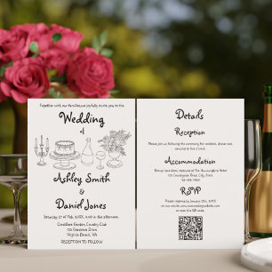 Invitation Mariage Minimaliste Noir & Blanc Doodle Tout En Un