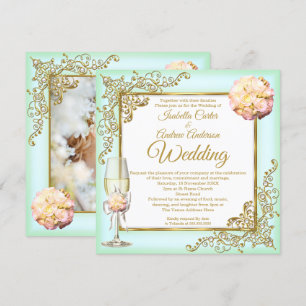 Invitation Mariage Mint Coral Champagne Gold Pearl Photo