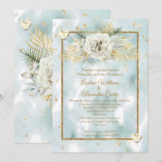 Invitation Mariage Mint Turquoise marbre d'or Rose Floral (Devant / Derrière)