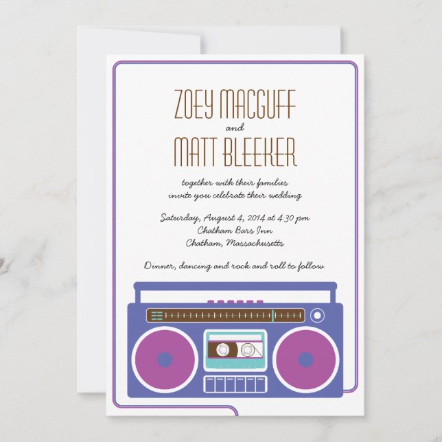 Invitation Mariage Mixtape Indie Boombox Rétro (violet/bleu) (Devant)