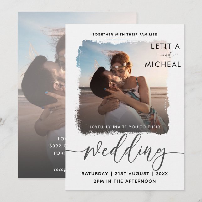 Invitation Mariage Modèle photo noir et blanc moderne (Devant / Derrière)