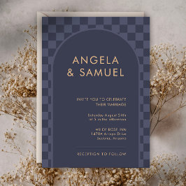 Invitation Mariage Moderne à Carreaux Bleu Minuit