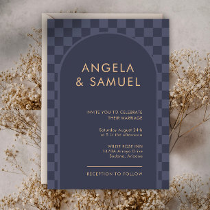 Invitation Mariage Moderne à Carreaux Bleu Minuit