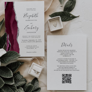 Invitation Mariage moderne à code QR en agate argentée de Bou