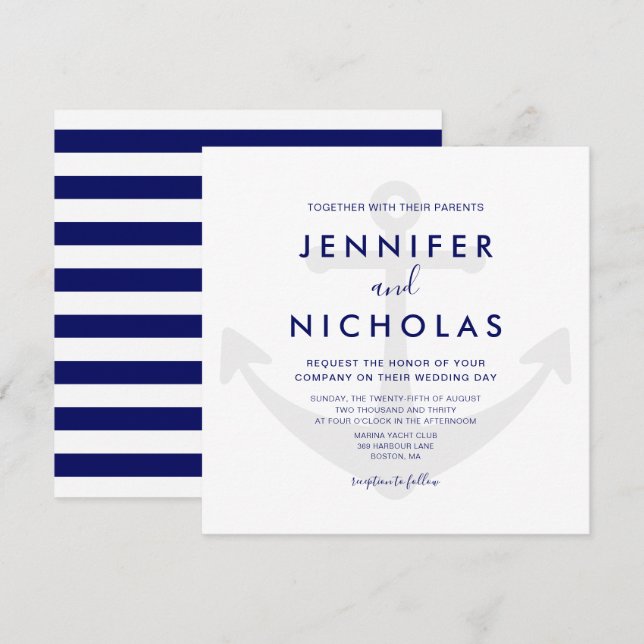 Invitation Mariage Moderne à l'Ancre Naútico Bleu de Marine (Devant / Derrière)
