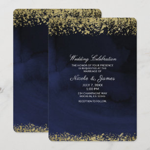 Invitation Mariage moderne à l'aquarelle bleu marine et or