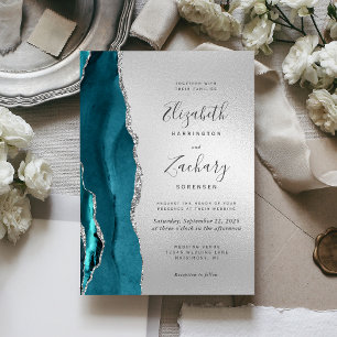 Invitation Mariage Moderne Agate Bleu Vert Argent